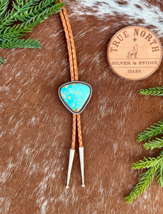 Kingman Golden Web Turquoise Bolo Tie with Golden Leather Cord