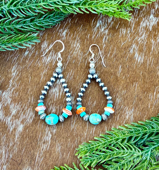 Dangle Hoop Earrings; Sterling Silver Pearls, Kingman Turquoise Beads & Spiny Oyster Beads