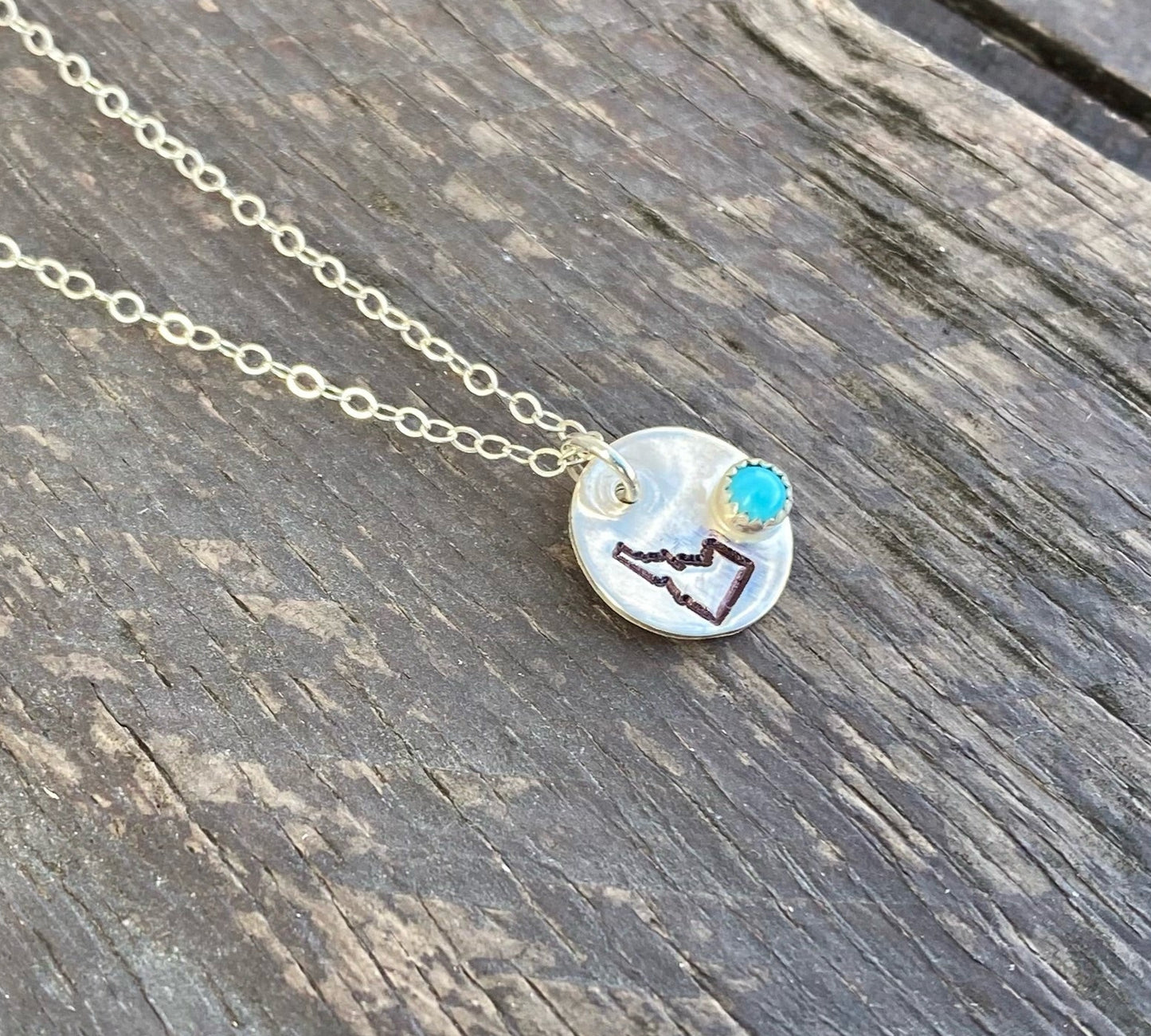 Sterling Silver Idaho State Necklace with Mini Kingman Turquoise Stone