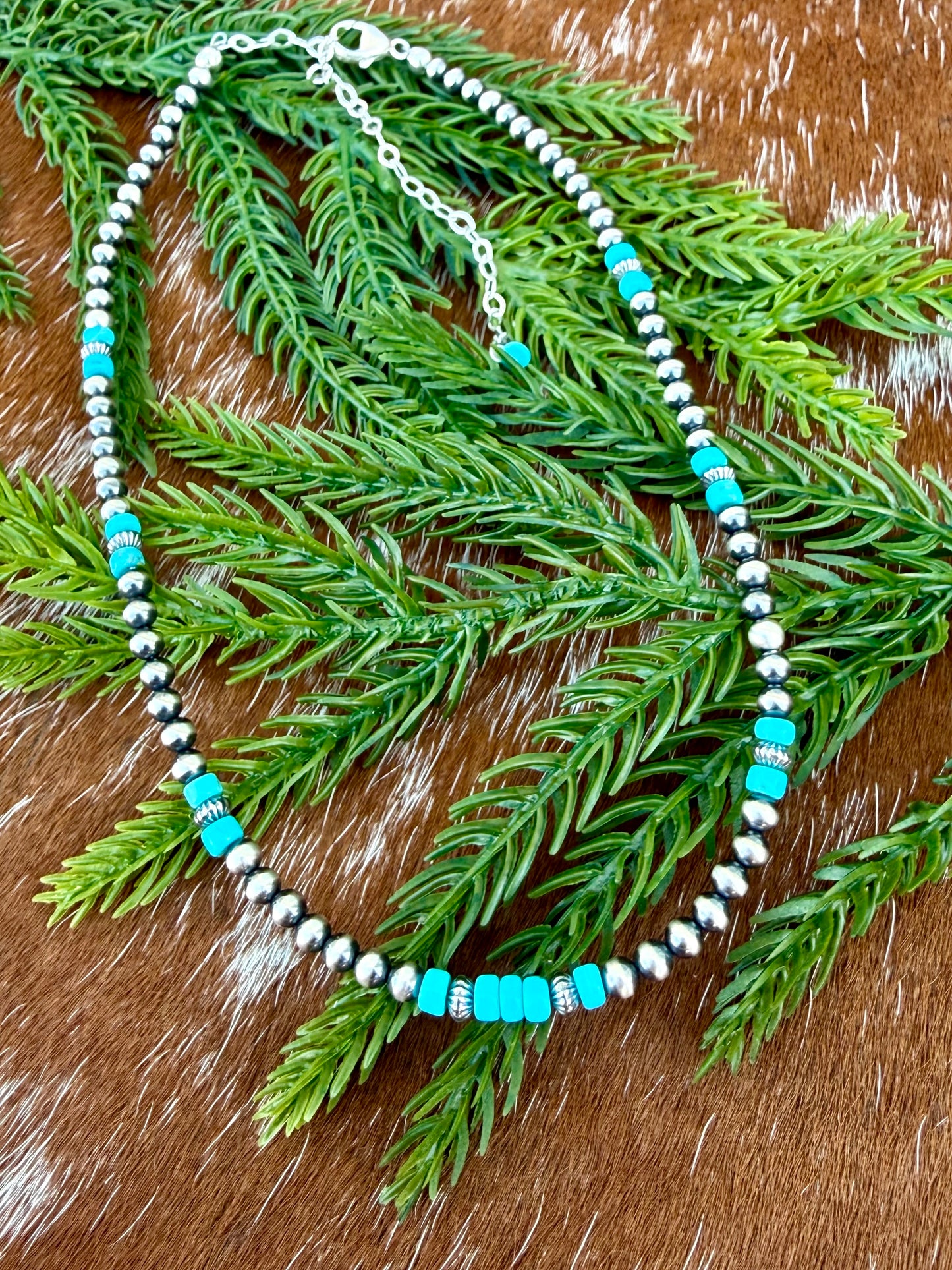 Sterling Silver Pearl 4mm and Kingman Turquoise beaded necklace