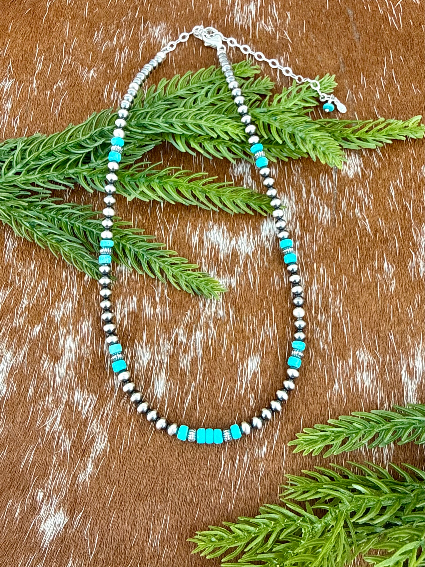 Sterling Silver Pearl 4mm and Kingman Turquoise beaded necklace