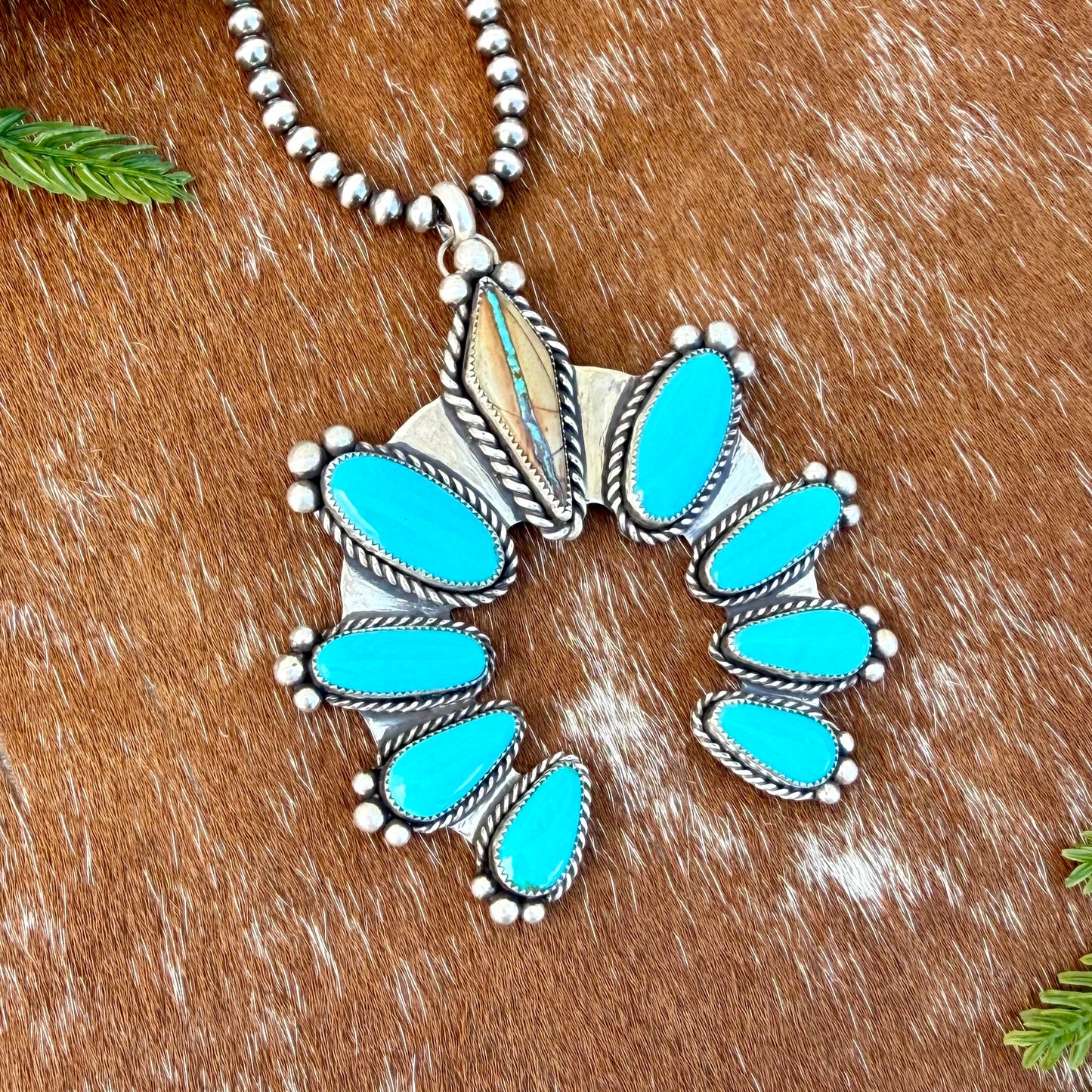 Royston Ribbon and Kingman Turquoise 9 stone pendant necklace with 22” Sterling Silver pearl strand