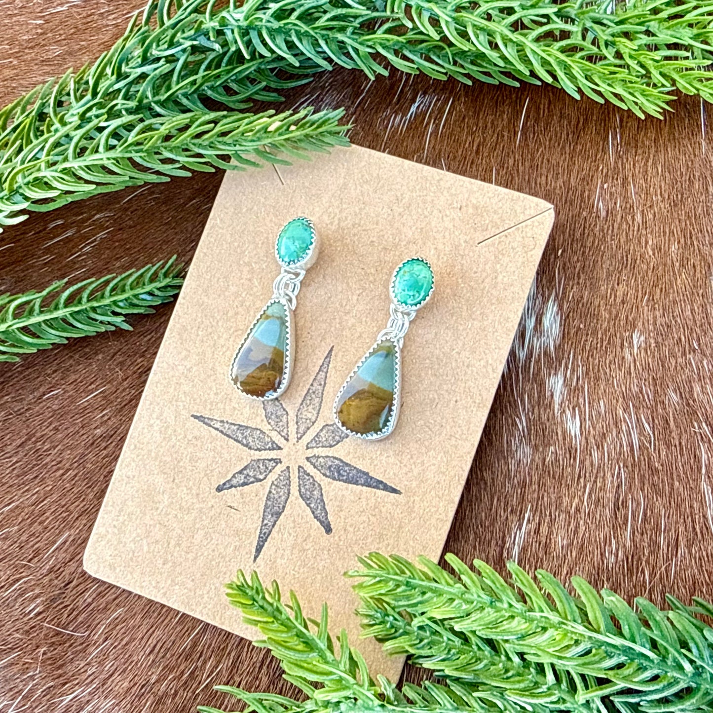 Owyhee Picture Jasper and Kingman Turquoise stud dangle earrings