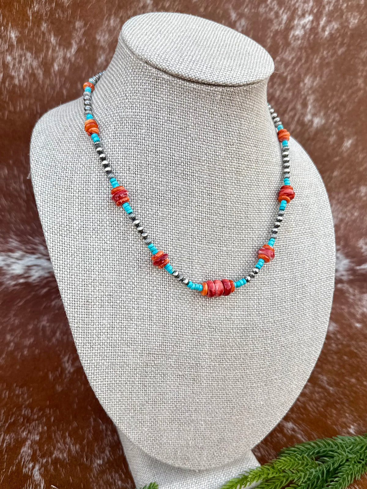 Sterling Silver Pearl 5mm, Kingman Turquoise, Spiny Oyster beaded necklace