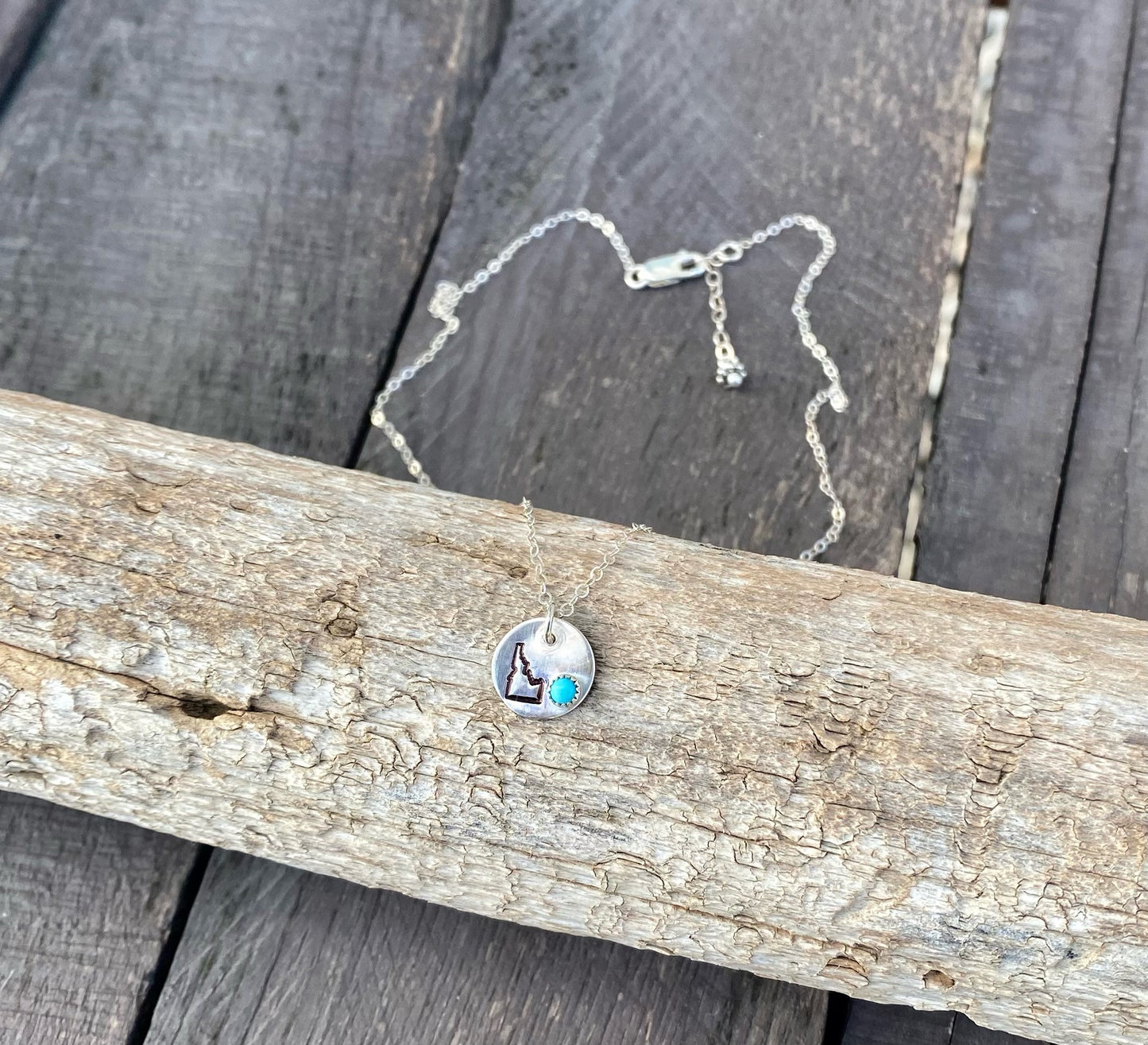 Sterling Silver Idaho State Necklace with Mini Kingman Turquoise Stone