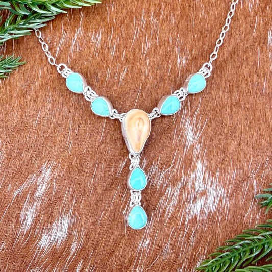 Elk Ivory and Kingman Turquoise multi stone lariat necklace