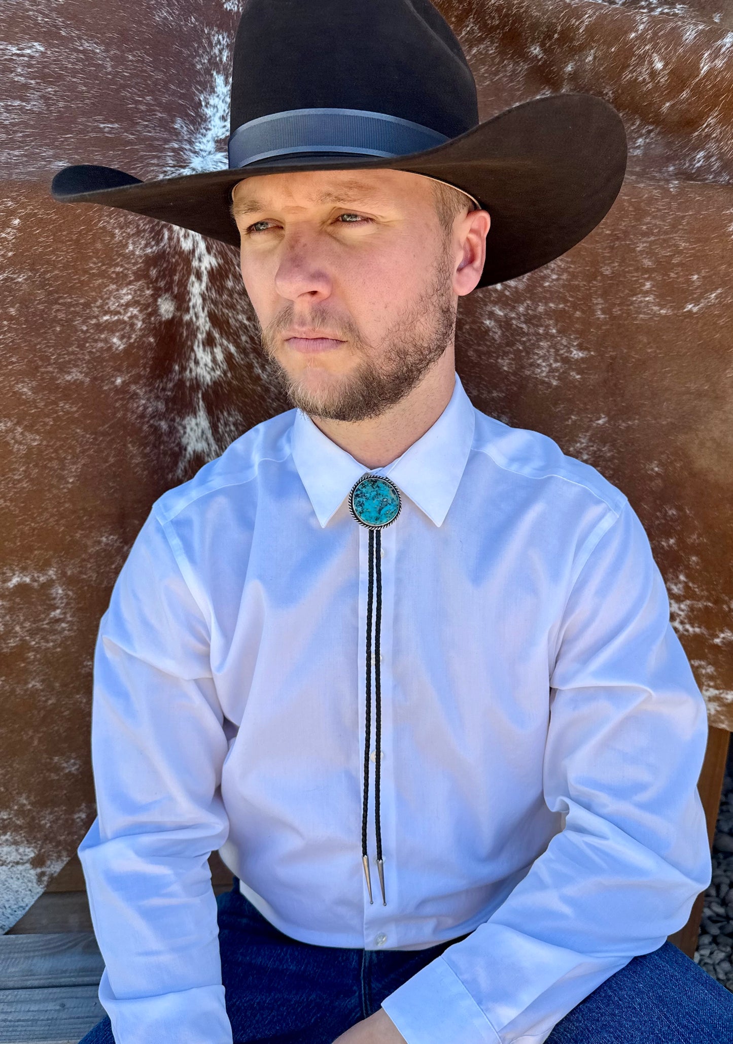 Kingman Turquoise Bolo Tie with Black Leather Cord
