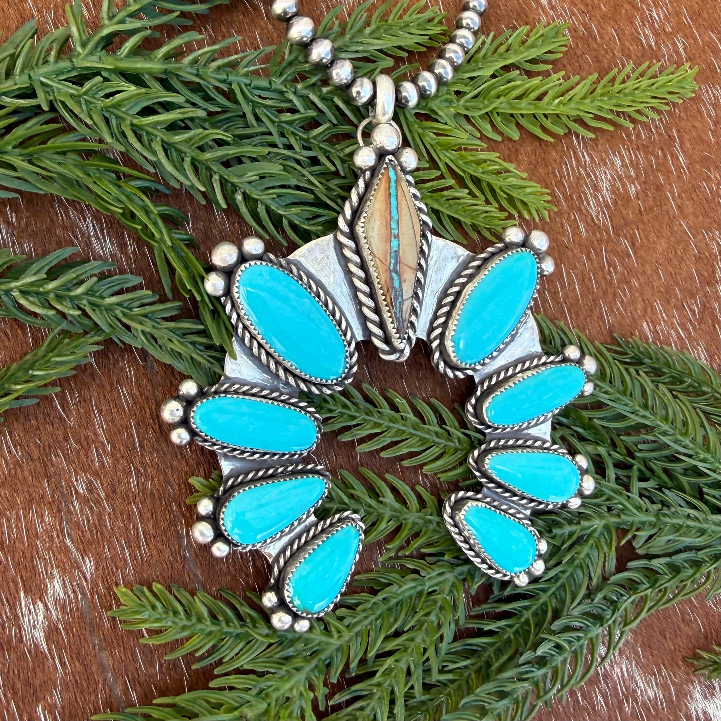 Royston Ribbon and Kingman Turquoise 9 stone pendant necklace with 22” Sterling Silver pearl strand