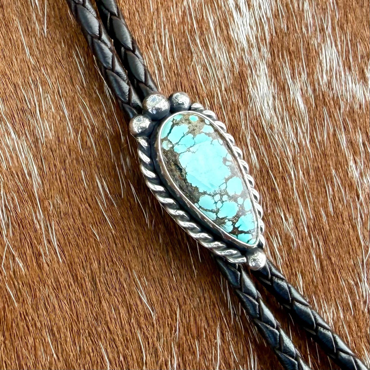 Blue Moon Turquoise bolo tie with dark brown leather cord and sterling silver tips