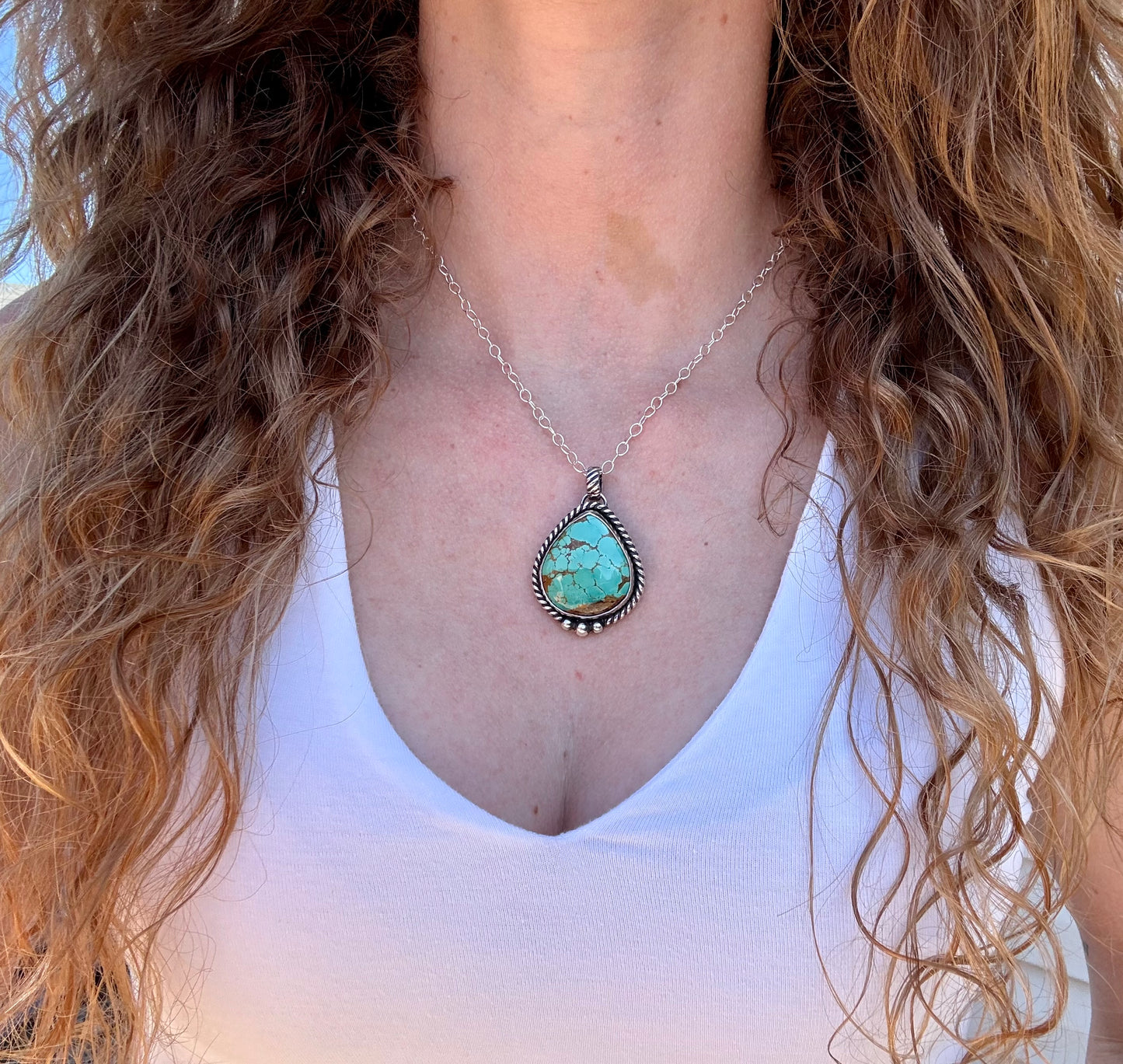 Royston Turquoise teardrop pendant necklace with brown leather cord or sterling silver chain
