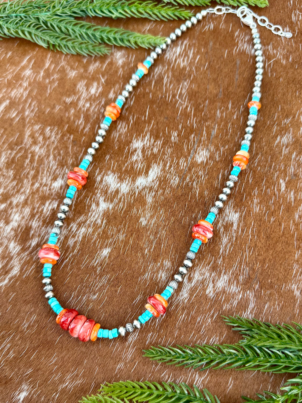 Sterling Silver Pearl 5mm, Kingman Turquoise, Spiny Oyster beaded necklace