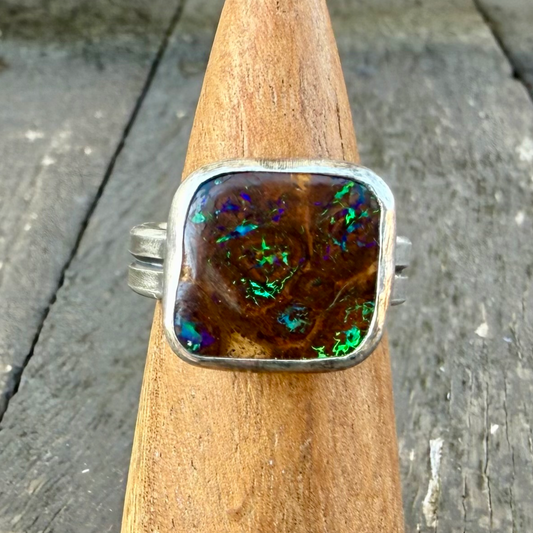 Fine Australian Boulder Opal Double Band Ring
