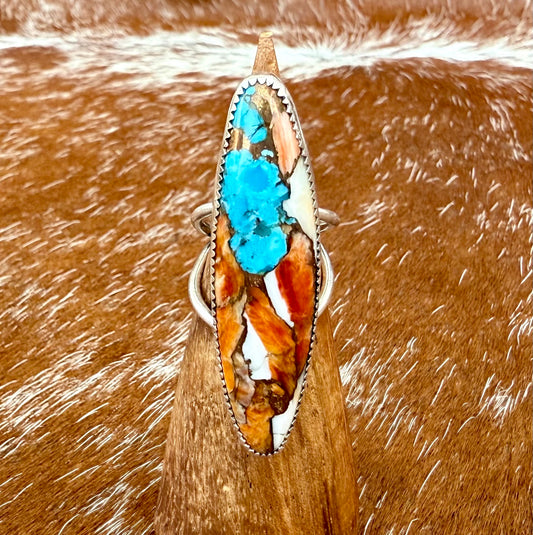 Kingman Turquoise, Spiny Oyster and Bronze composite split shank bar ring