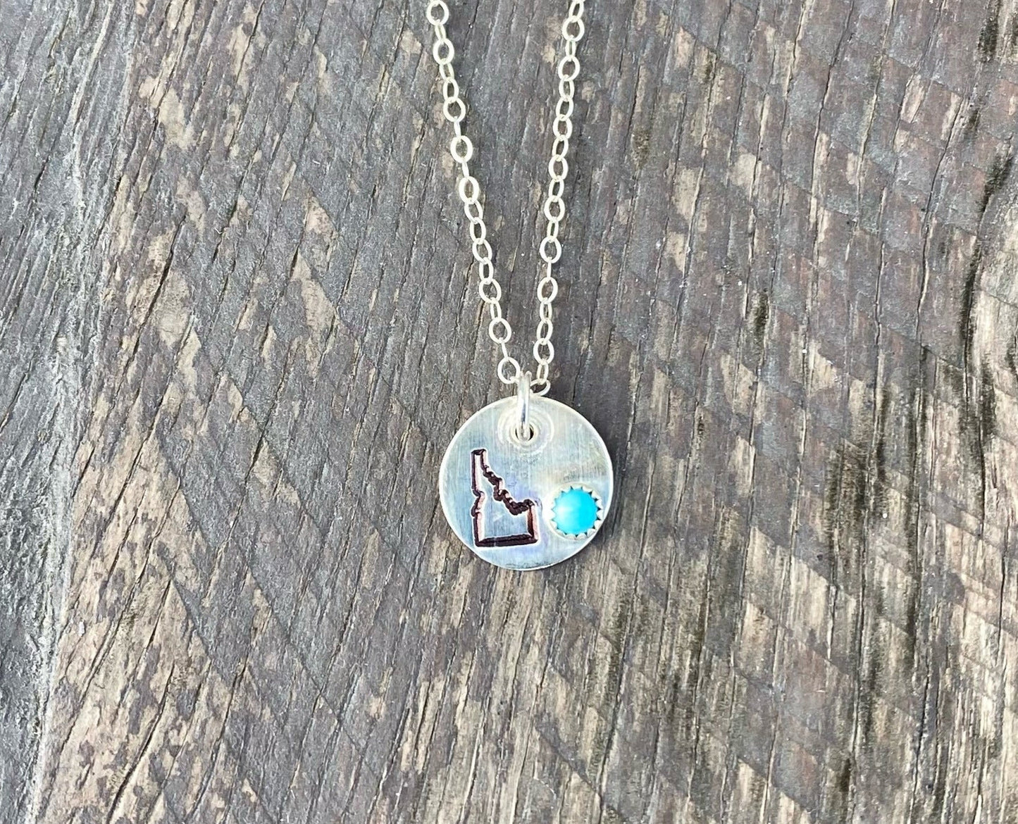 Sterling Silver Idaho State Necklace with Mini Kingman Turquoise Stone
