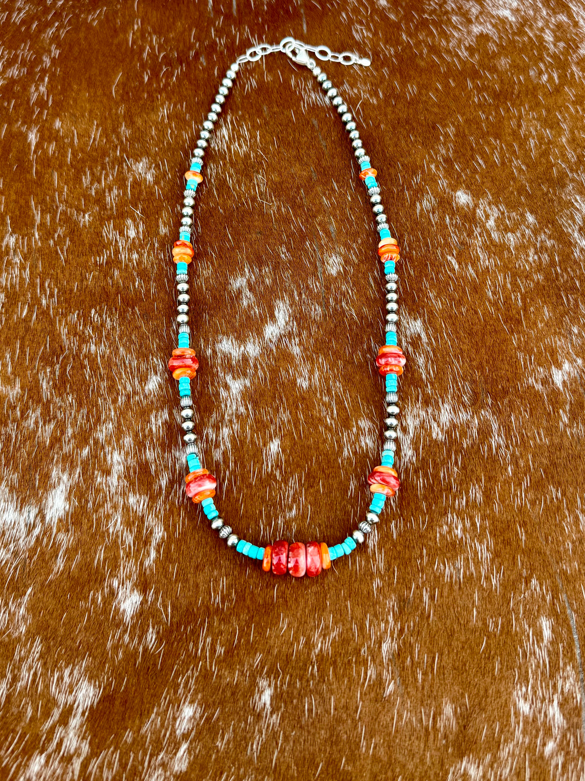 Sterling Silver Pearl 5mm, Kingman Turquoise, Spiny Oyster beaded necklace