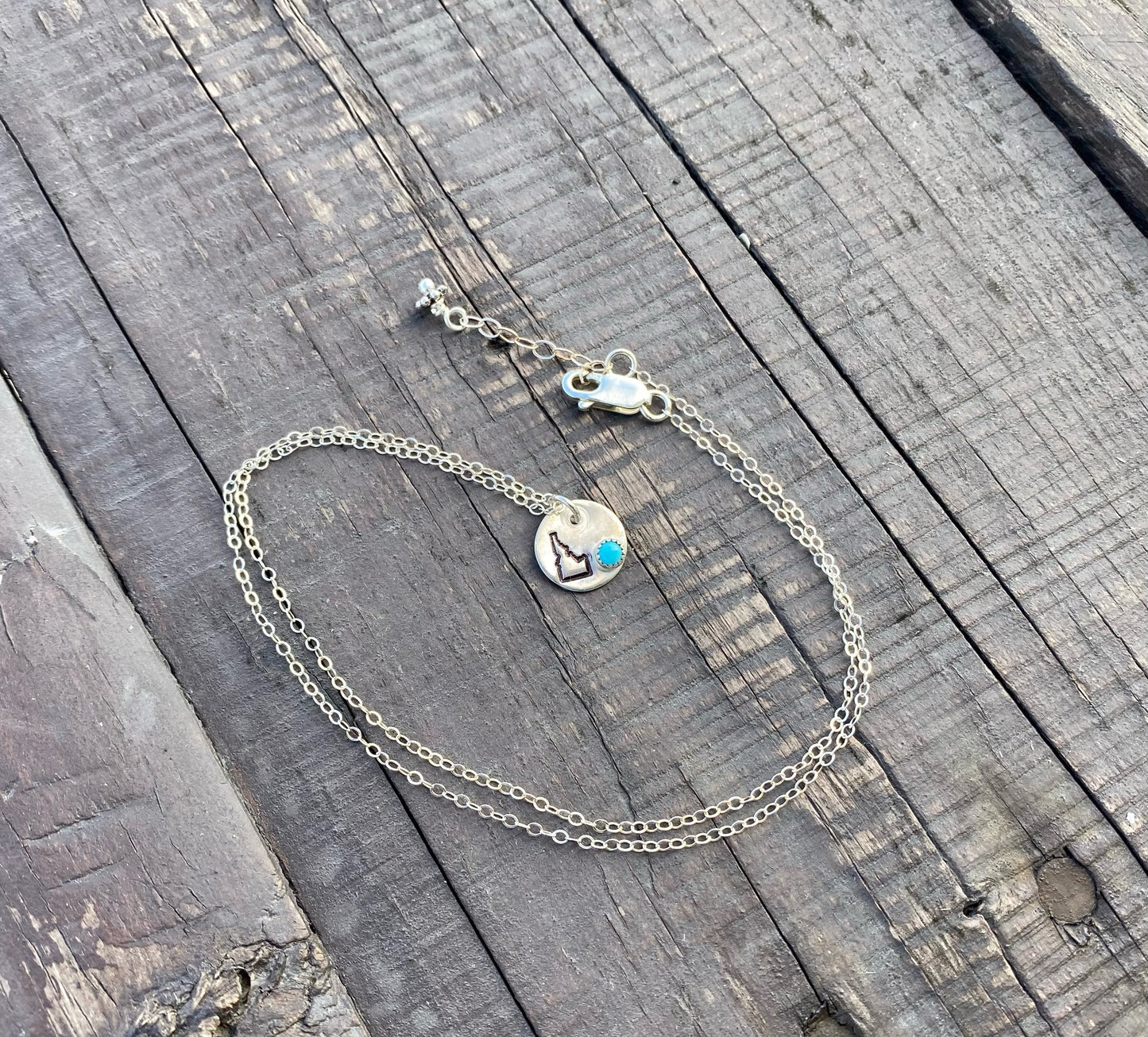 Sterling Silver Idaho State Necklace with Mini Kingman Turquoise Stone