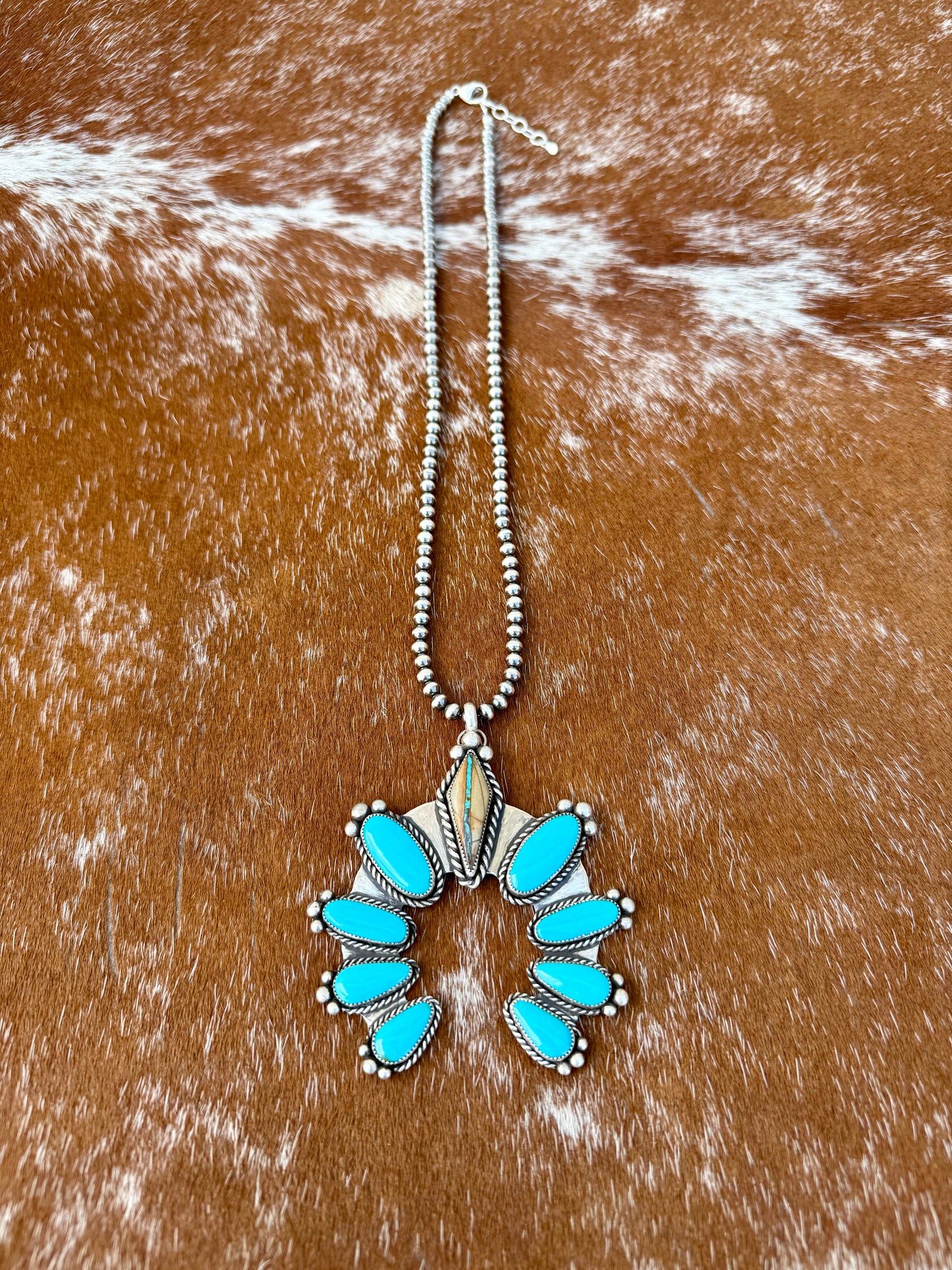 Royston Ribbon and Kingman Turquoise 9 stone pendant necklace with 22” Sterling Silver pearl strand