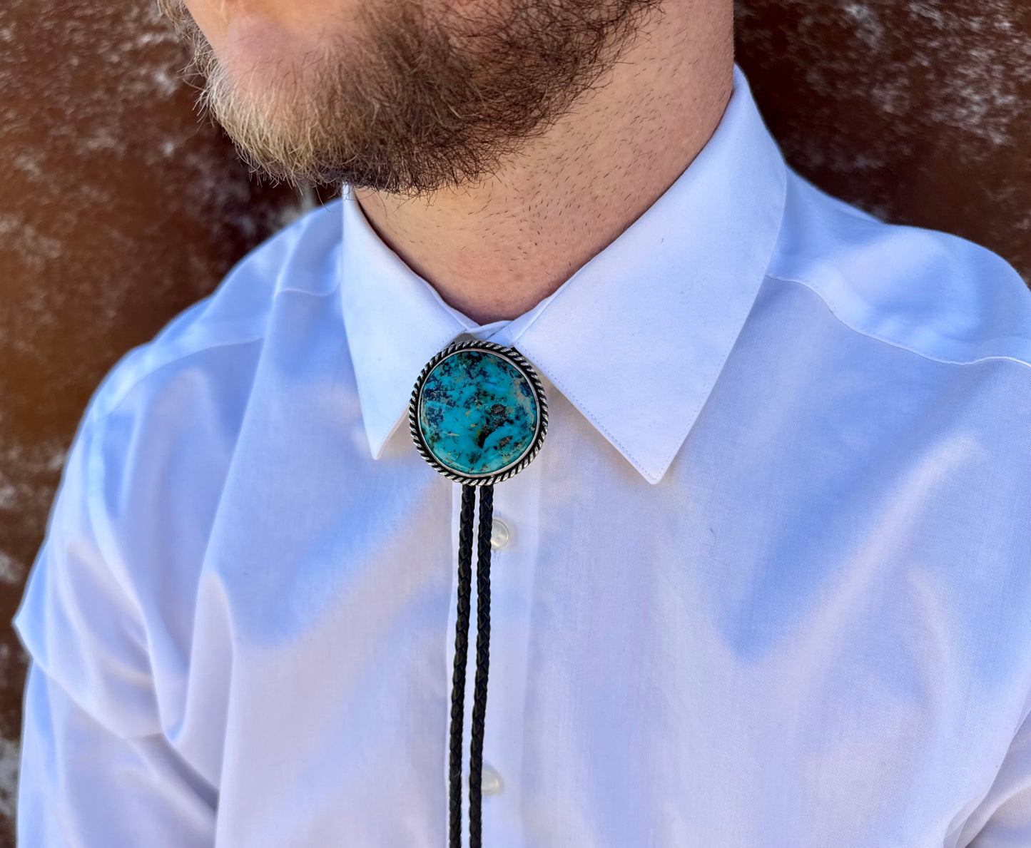 Kingman Turquoise Bolo Tie with Black Leather Cord