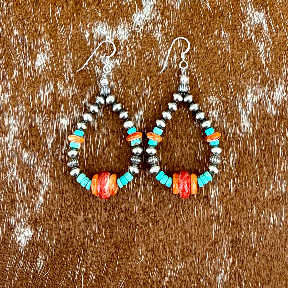 Sterling Silver Pearls 5mm, Kingman turquoise beads, Spiny Oyster beads earrings
