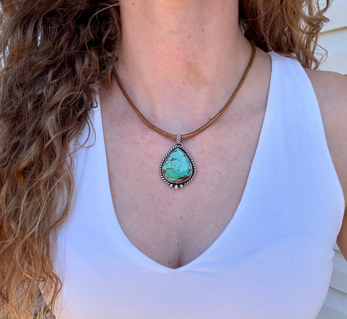 Royston Turquoise teardrop pendant necklace with brown leather cord or sterling silver chain