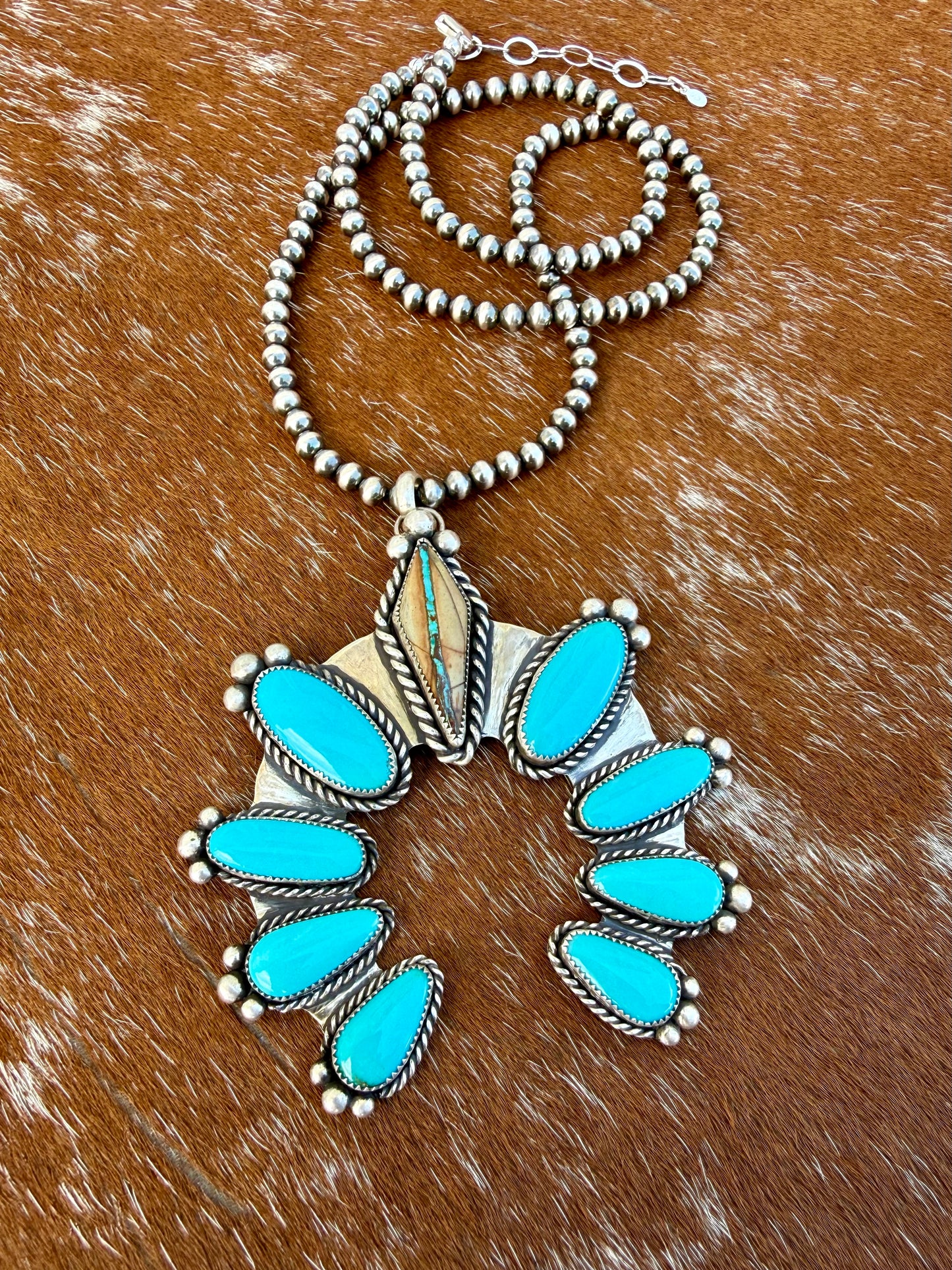 Royston Ribbon and Kingman Turquoise 9 stone pendant necklace with 22” Sterling Silver pearl strand