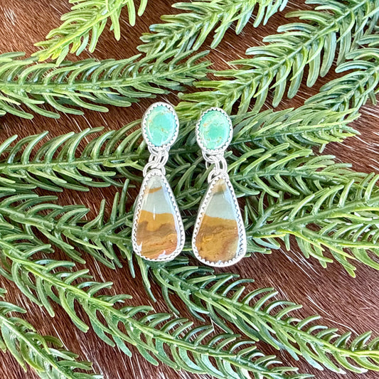Owyhee Picture Jasper and Kingman Turquoise stud dangle earrings
