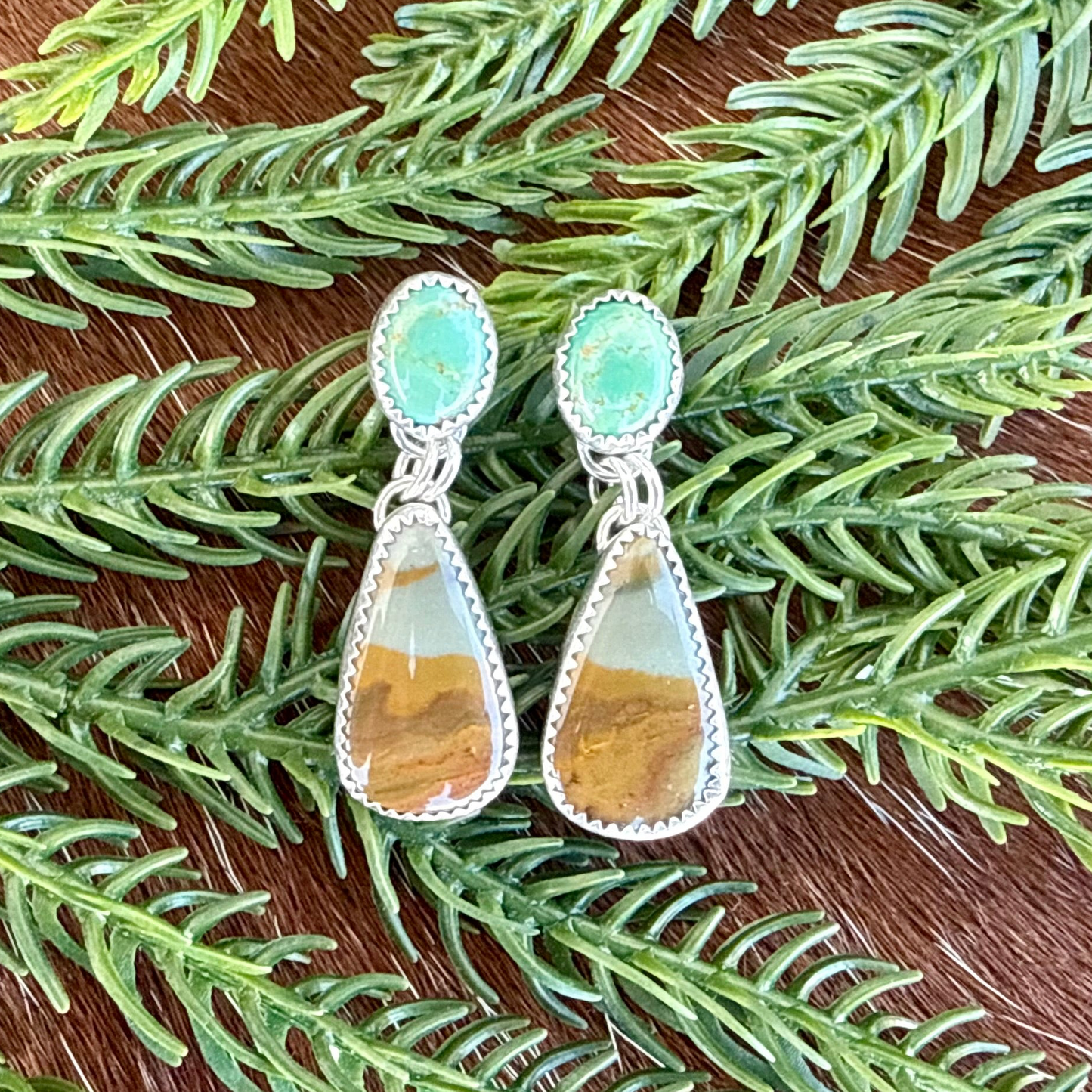 Owyhee Picture Jasper and Kingman Turquoise stud dangle earrings