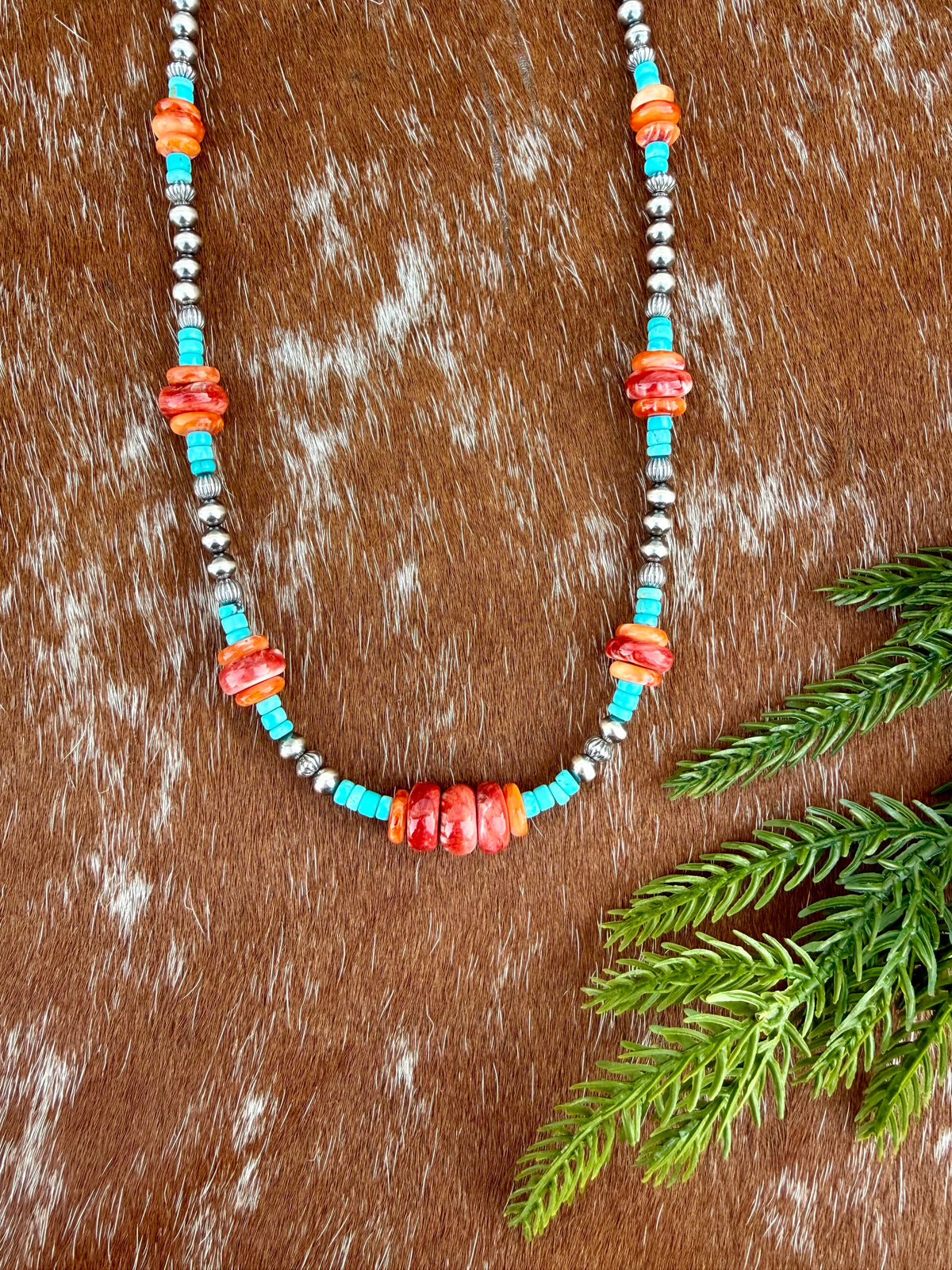 Sterling Silver Pearl 5mm, Kingman Turquoise, Spiny Oyster beaded necklace