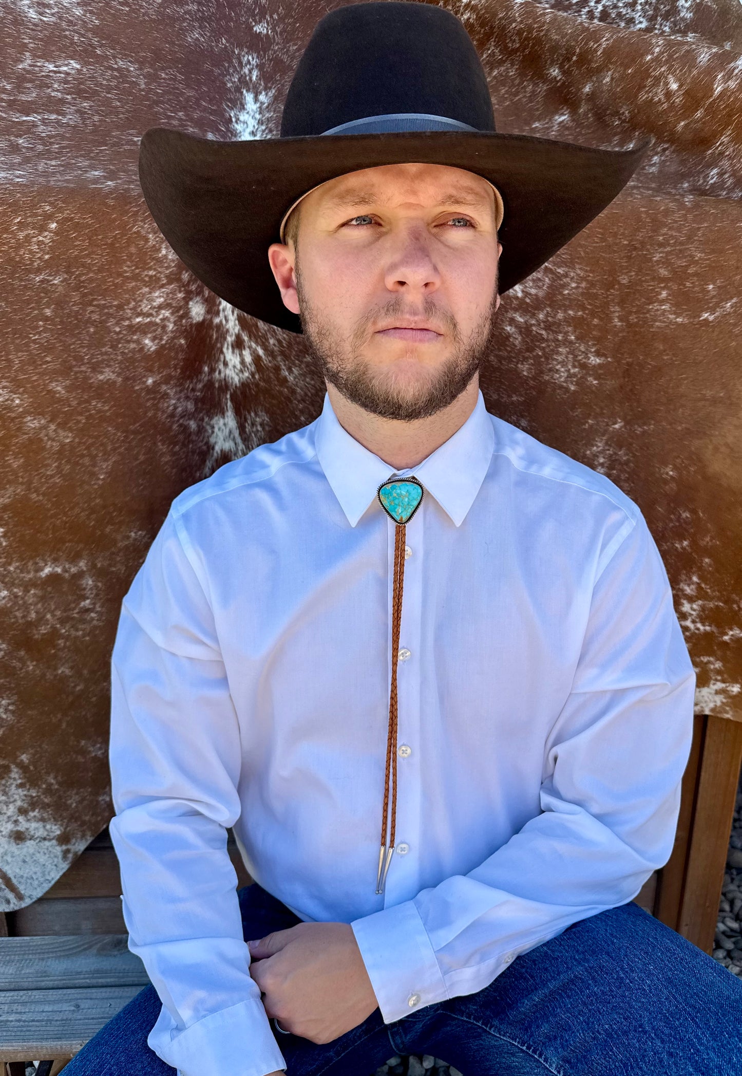 Kingman Golden Web Turquoise Bolo Tie with Golden Leather Cord