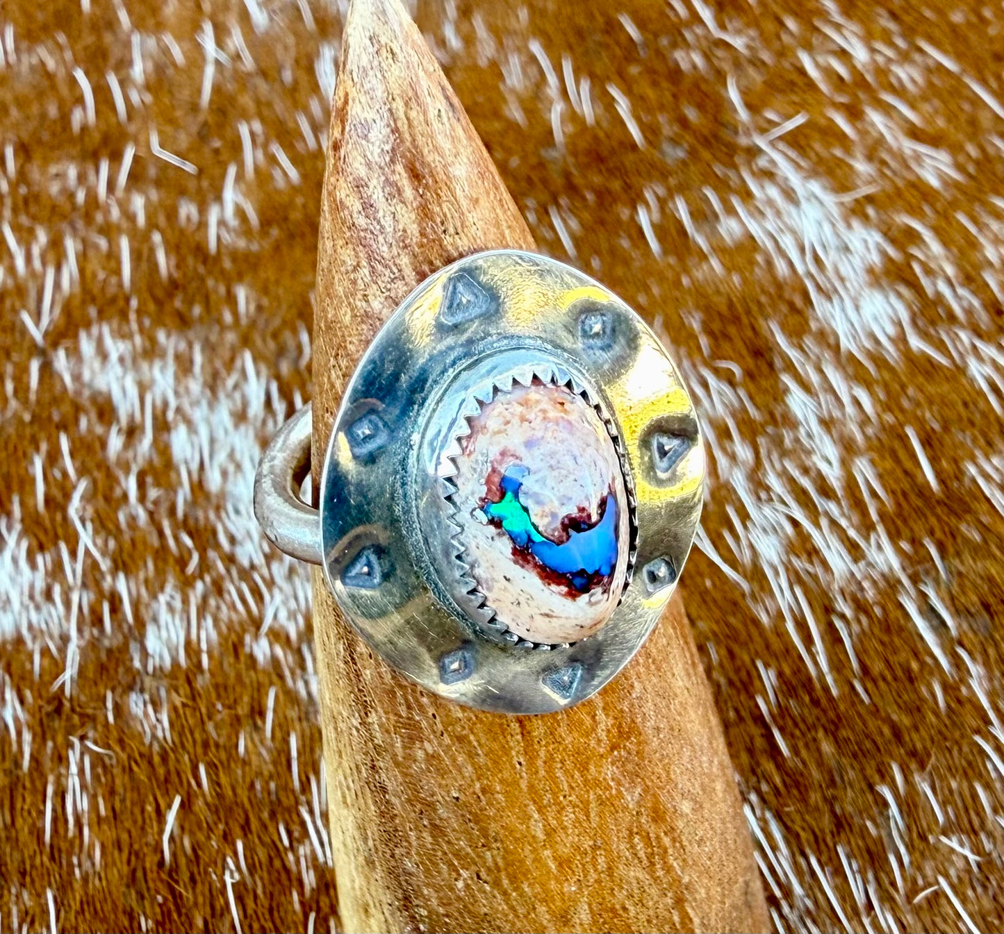 Stamped “Cowboy Hat” Mexican Fire Opal Ring
