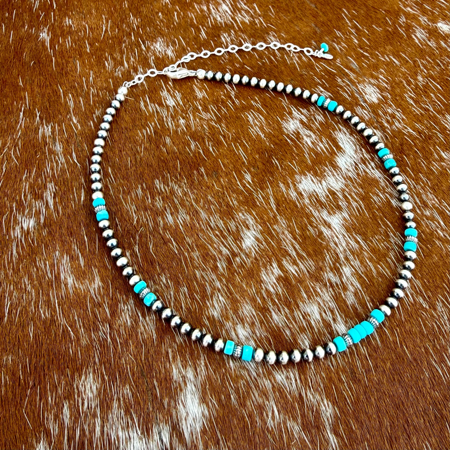 Sterling Silver Pearl 4mm and Kingman Turquoise beaded necklace