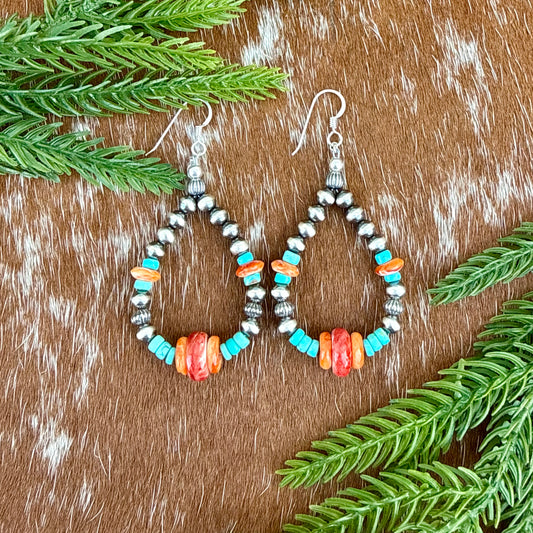 Sterling Silver Pearls 5mm, Kingman turquoise beads, Spiny Oyster beads earrings