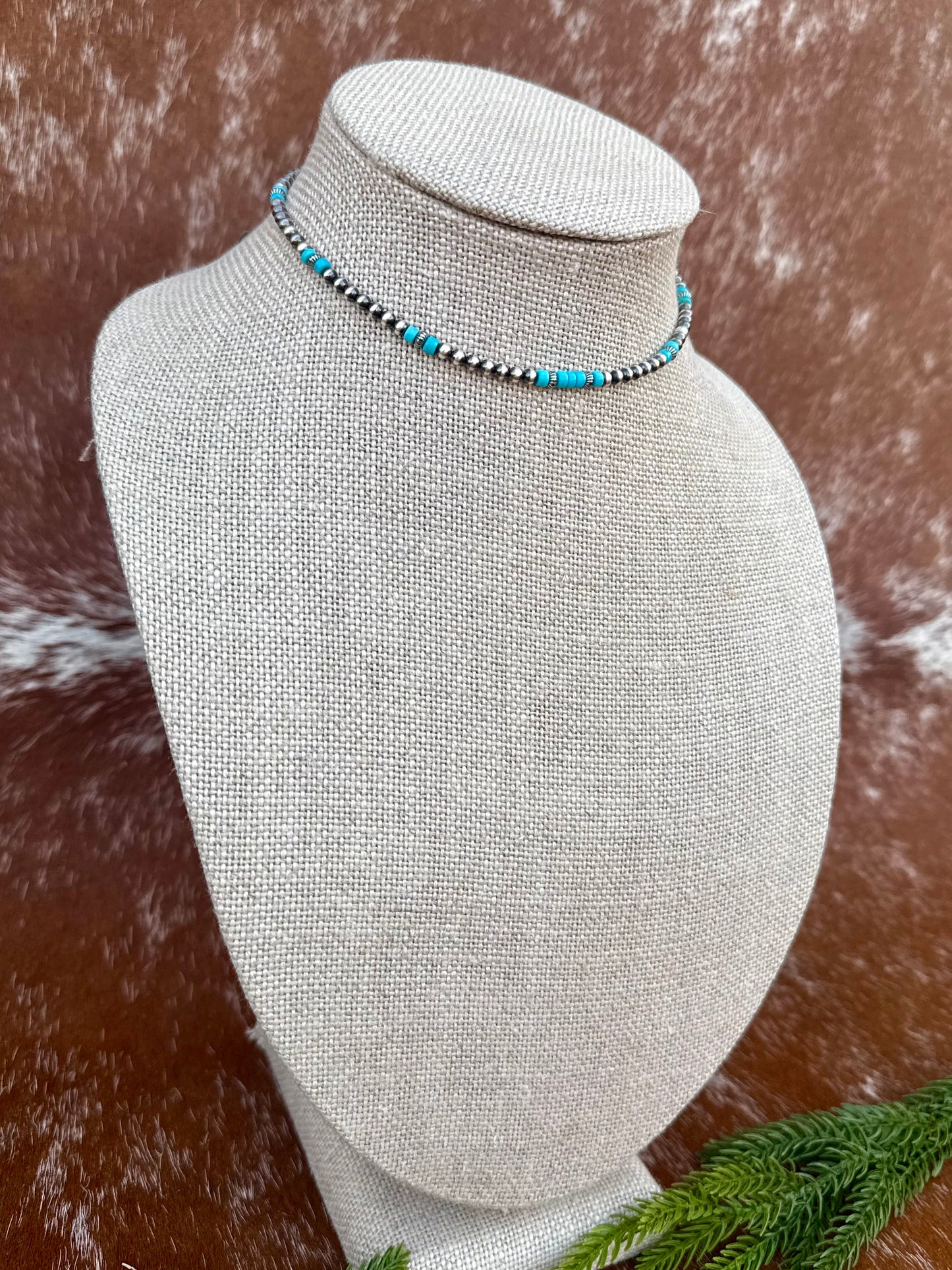 Sterling Silver Pearl 4mm and Kingman Turquoise beaded necklace
