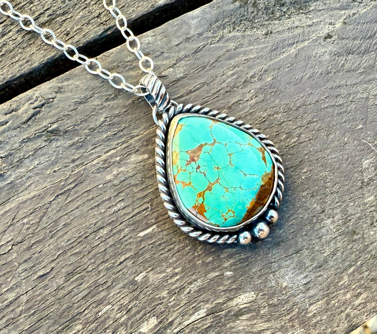Royston Turquoise teardrop pendant necklace with brown leather cord or sterling silver chain
