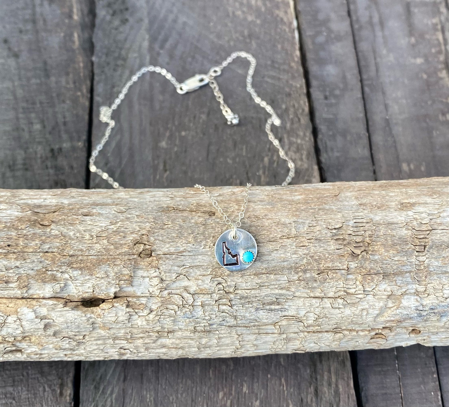 Sterling Silver Idaho State Necklace with Mini Kingman Turquoise Stone