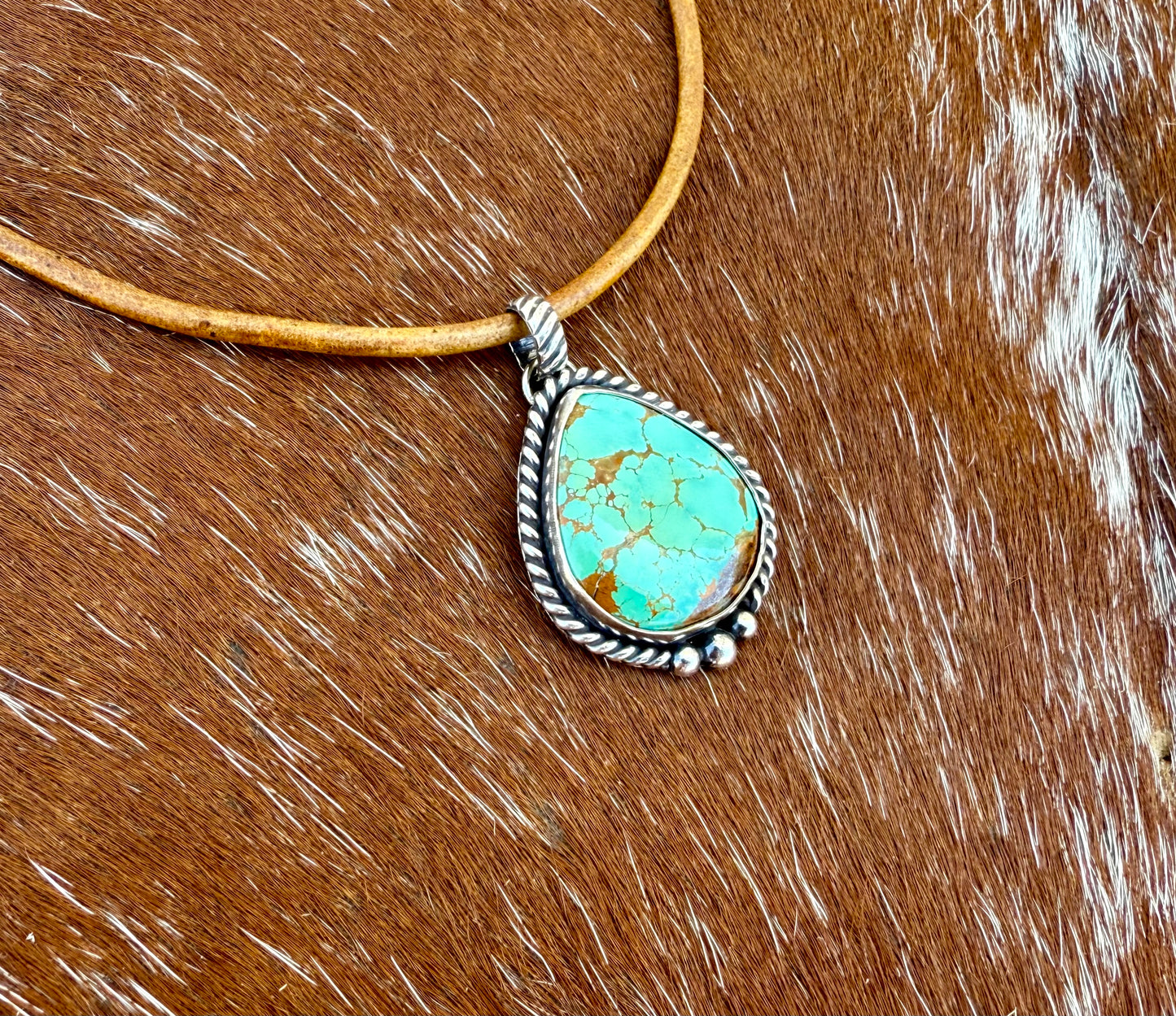 Royston Turquoise teardrop pendant necklace with brown leather cord or sterling silver chain