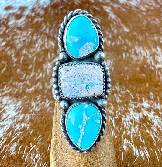 Blue Ridge Turquoise & Mexican Fire Opal Triple Stone Ring