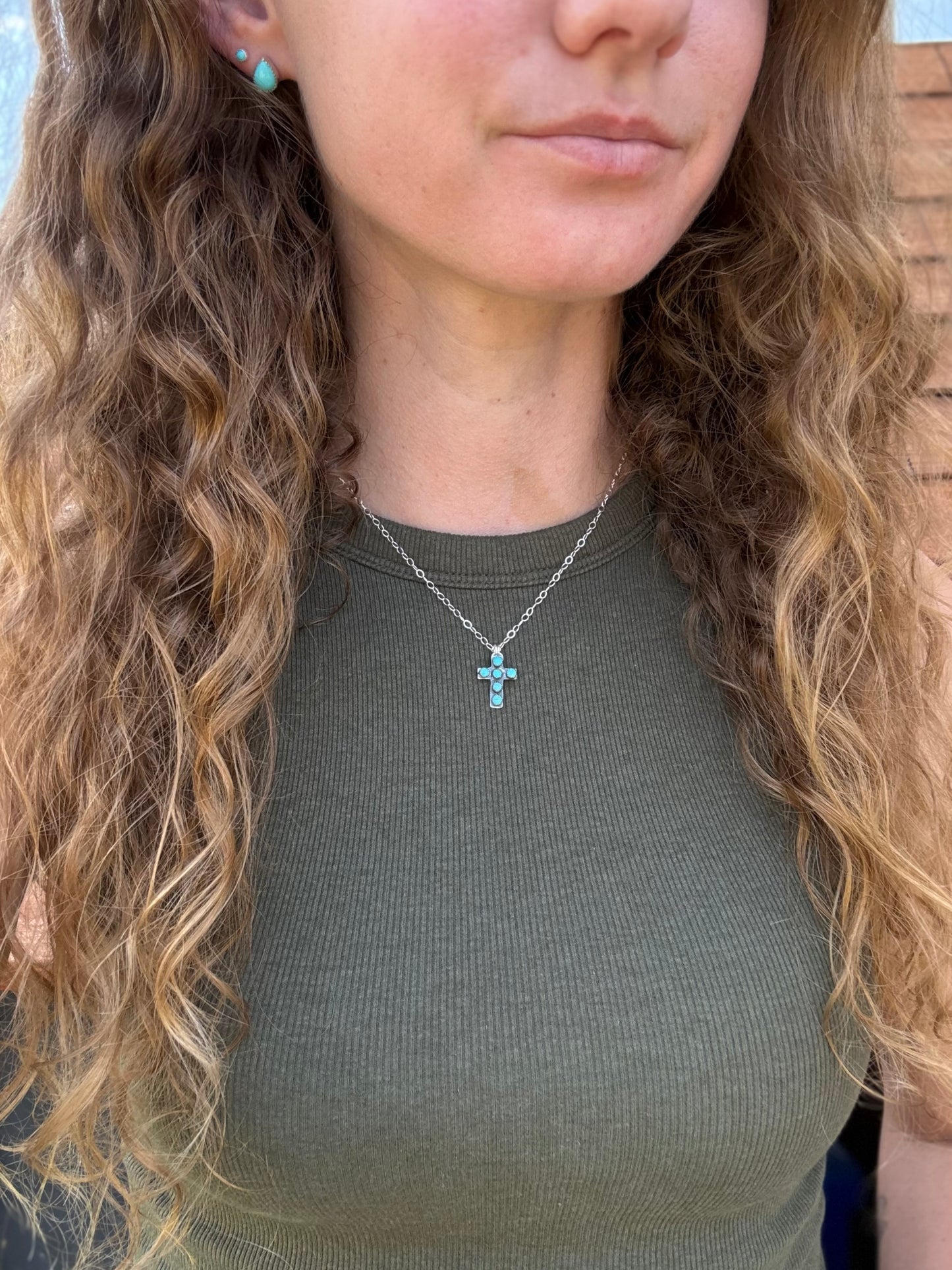 Mini Multi Stone Kingman Turquoise Cross Necklace