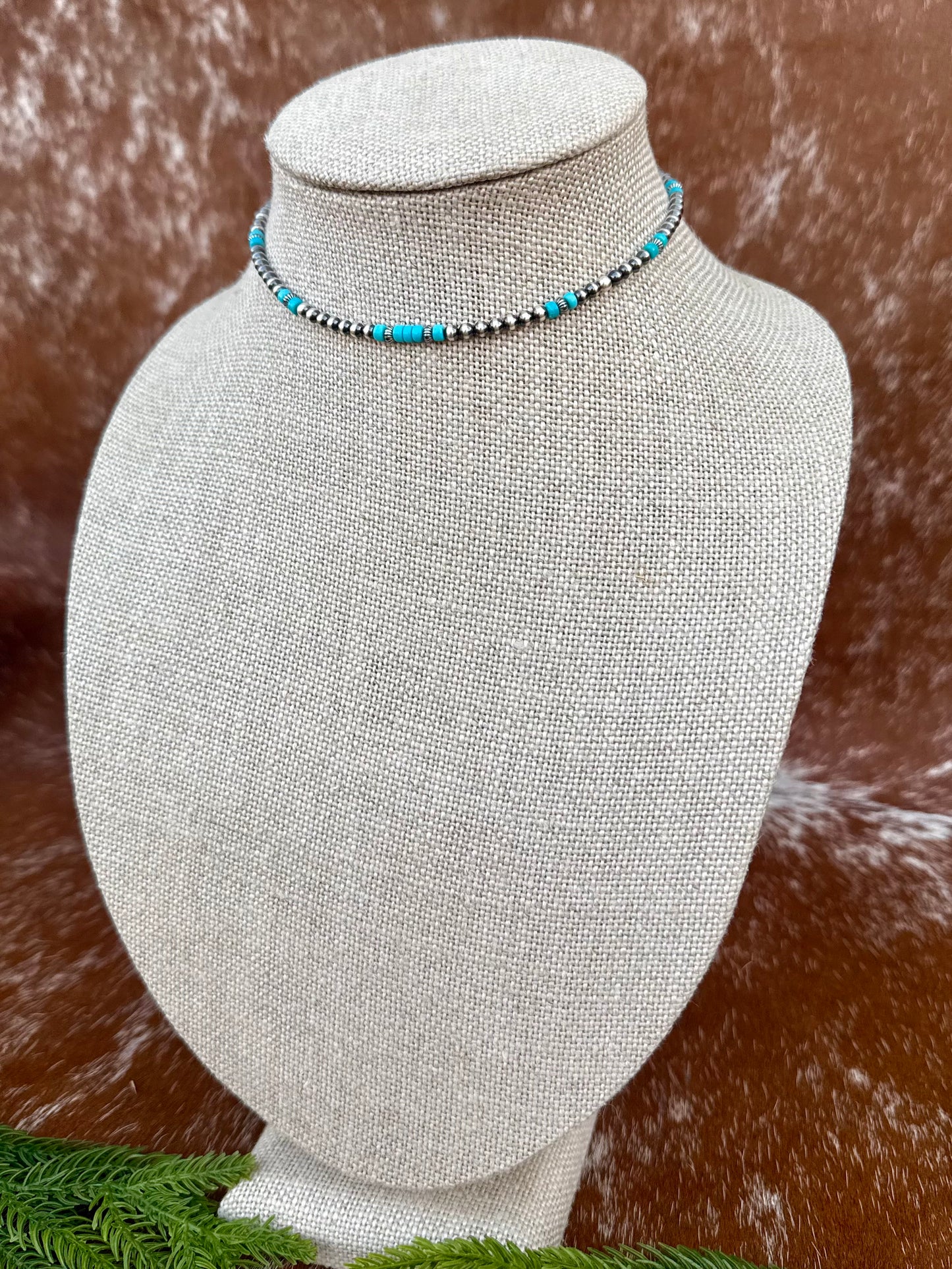 Sterling Silver Pearl 4mm and Kingman Turquoise beaded necklace