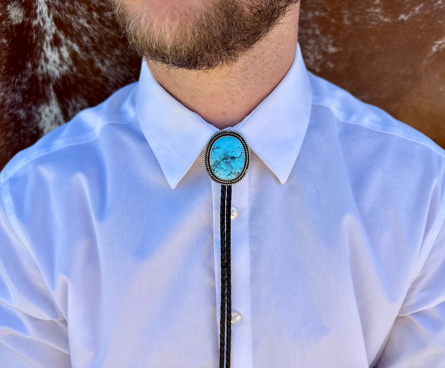 Kingman Turquoise Bolo Tie with Dark Brown Leather Cord
