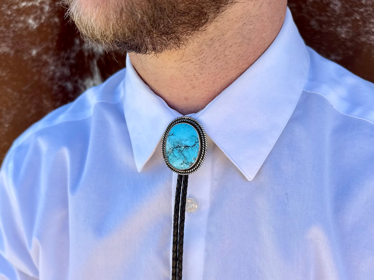 Kingman Turquoise Bolo Tie with Dark Brown Leather Cord