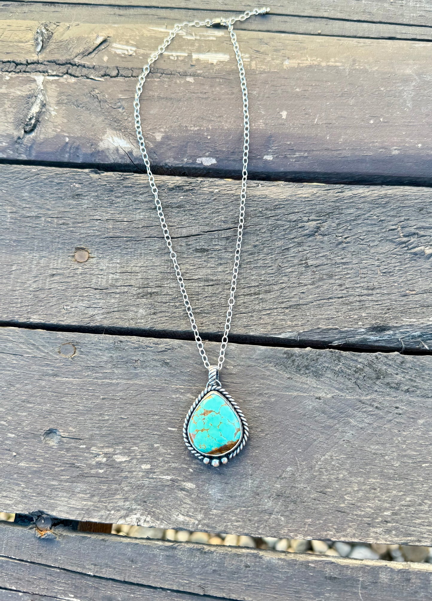 Royston Turquoise teardrop pendant necklace with brown leather cord or sterling silver chain