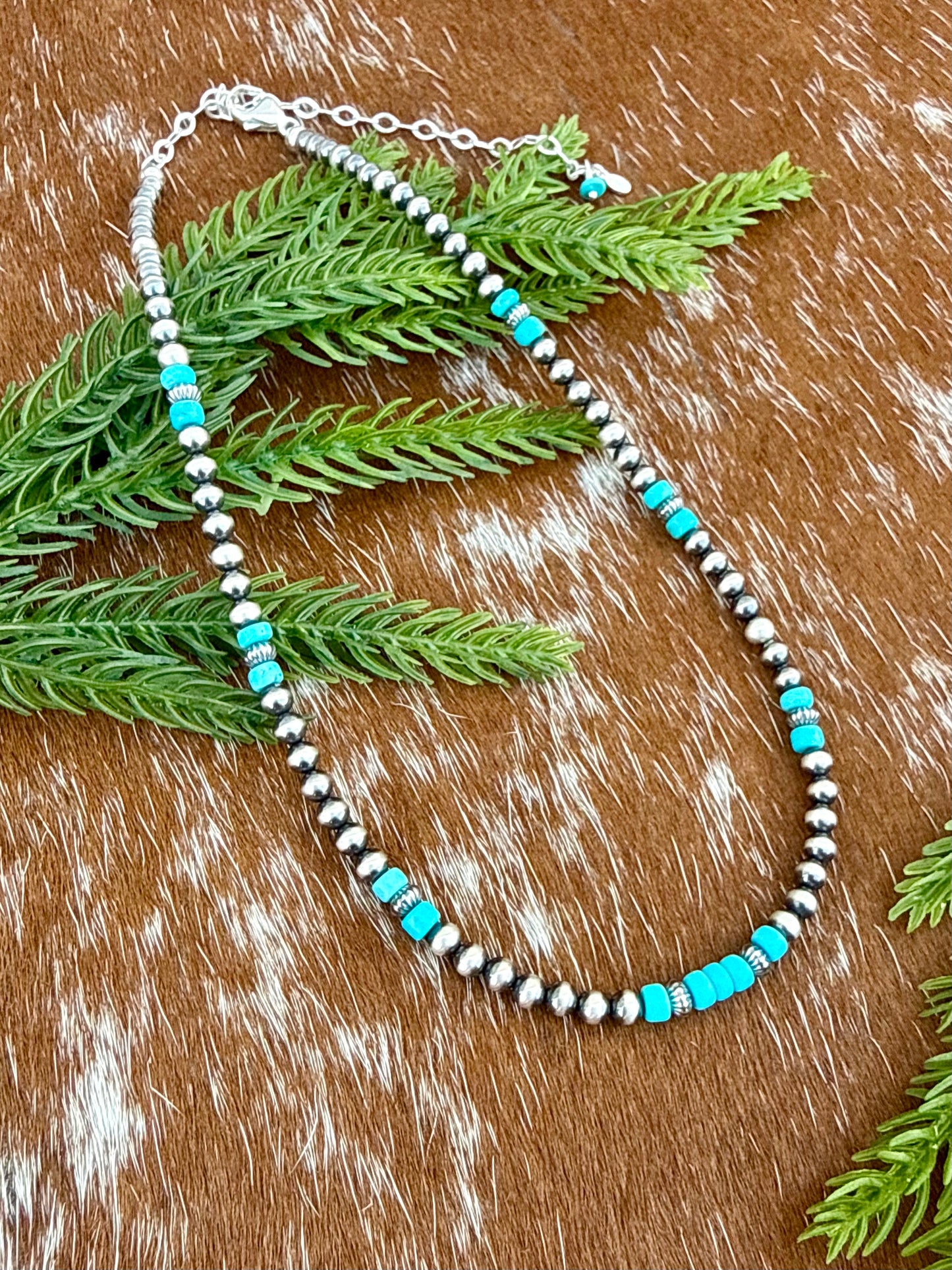 Sterling Silver Pearl 4mm and Kingman Turquoise beaded necklace