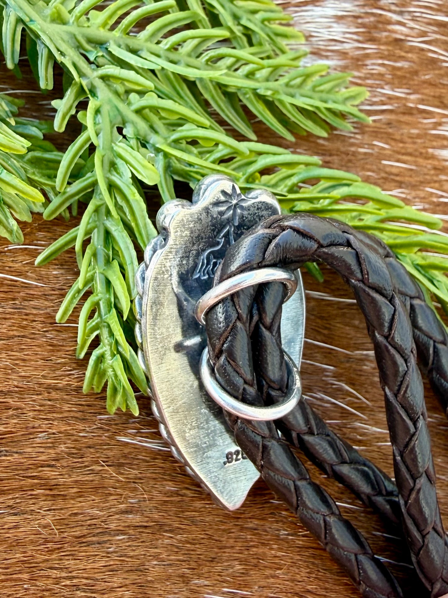 Blue Moon Turquoise bolo tie with dark brown leather cord and sterling silver tips