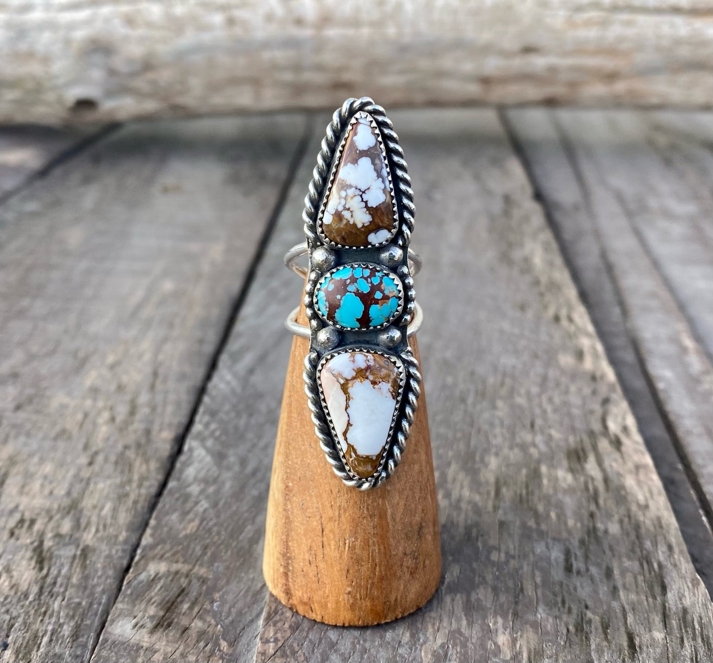 Egyptian Turquoise & Wild Horse 3 Stone Ring