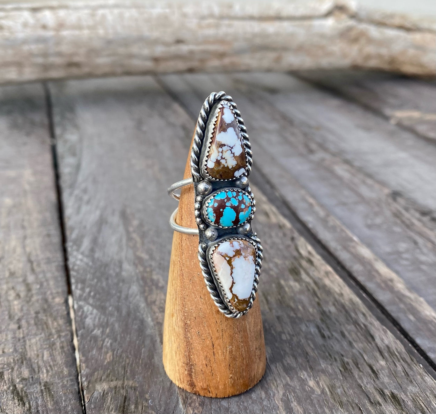 Egyptian Turquoise & Wild Horse 3 Stone Ring