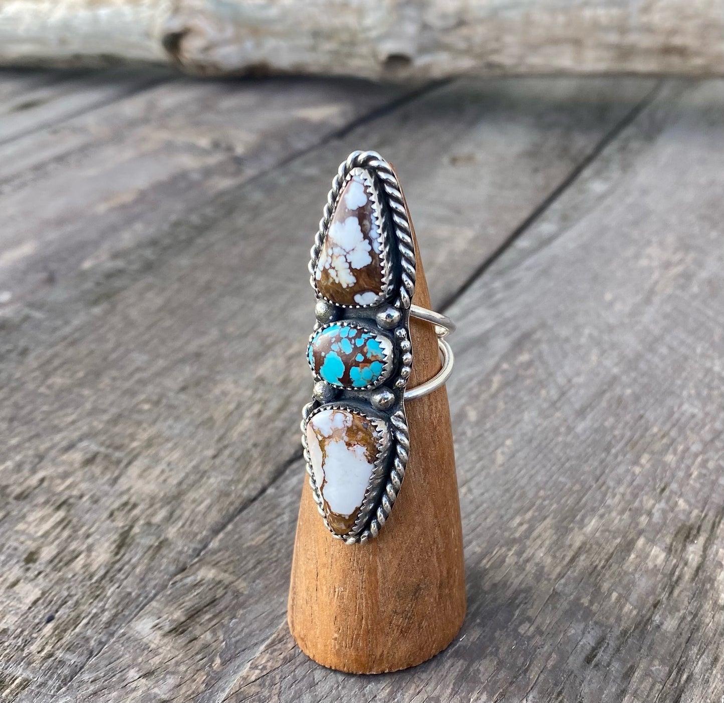 Egyptian Turquoise & Wild Horse 3 Stone Ring