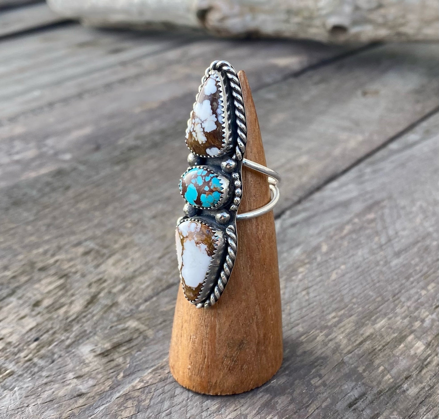 Egyptian Turquoise & Wild Horse 3 Stone Ring