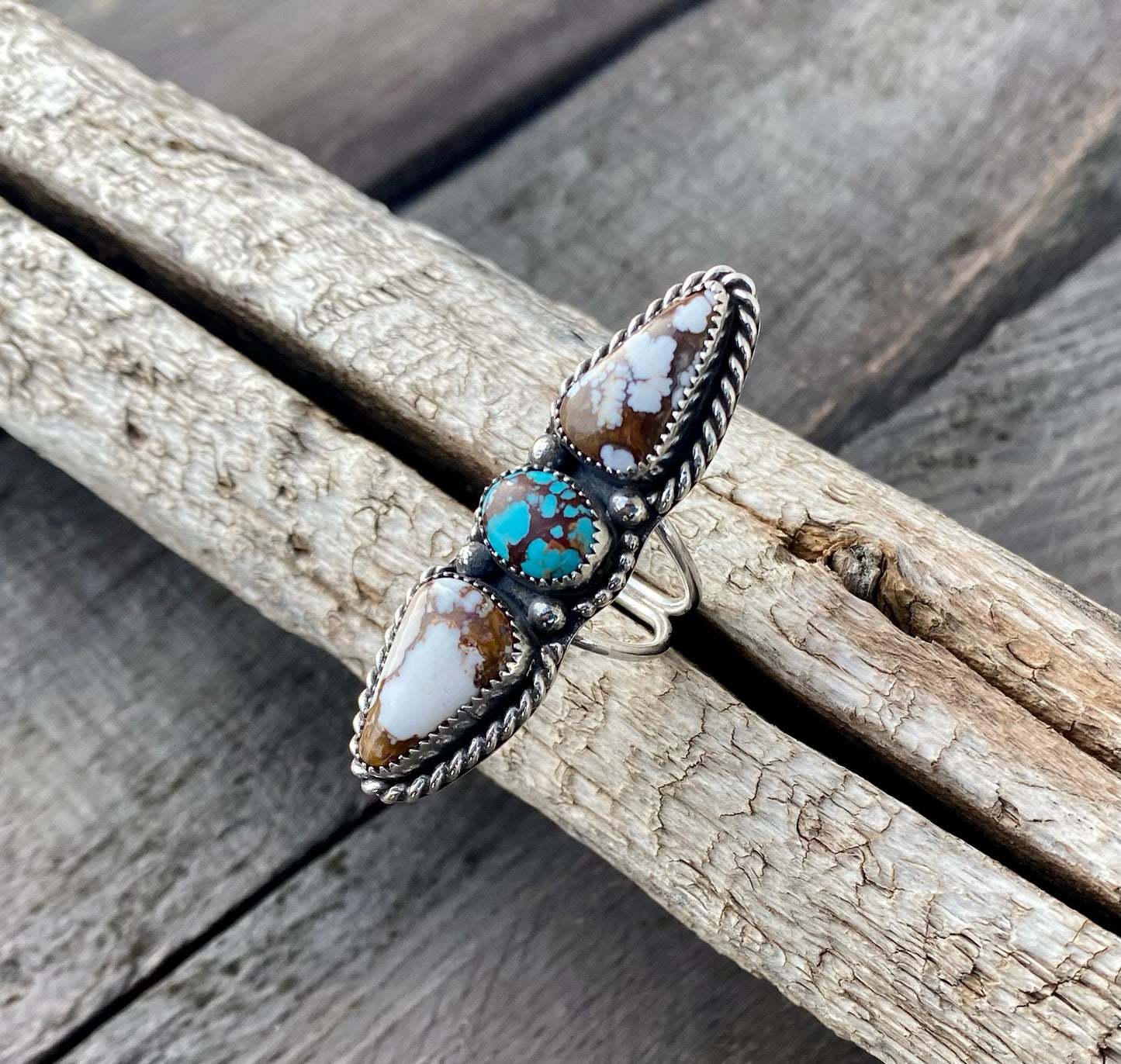 Egyptian Turquoise & Wild Horse 3 Stone Ring